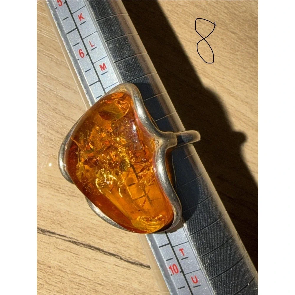 Vintage Modernist Irregular Shape Sterling Silver‎ Honey Amber Ring Size 8